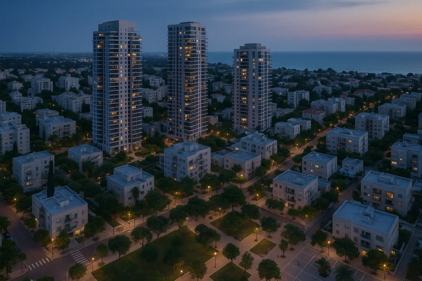 שכונה עירונית מתחדשת בשעת בין הערביים